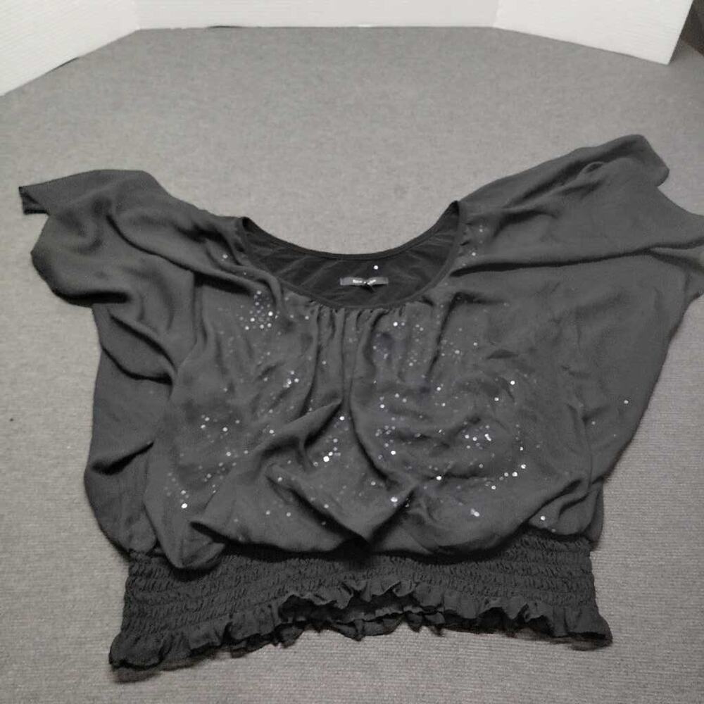 Blu Sage Black Sequin Dolman Sleeve Ruched Smocked Waist Blouse Top XL